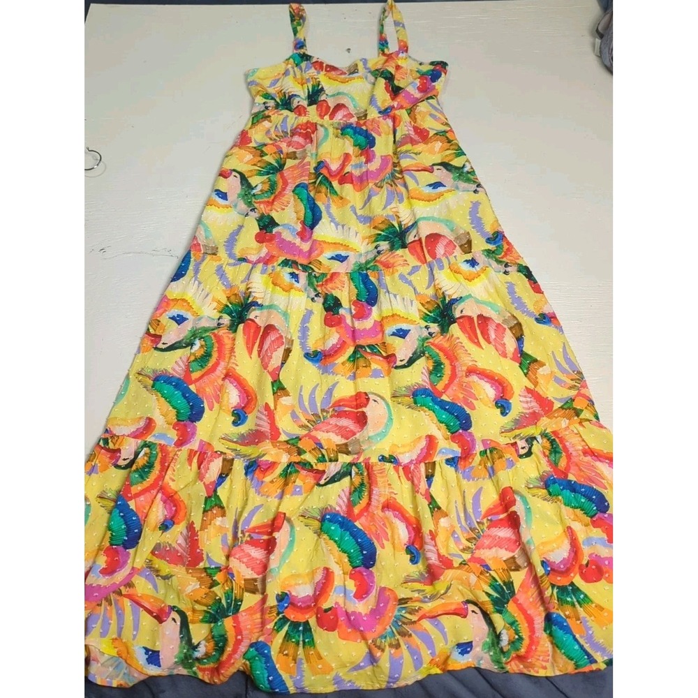 Farm Rio Anthropologie Textured Tropical Maxi Dress S Colorful Parrot Swiss‎ Dot